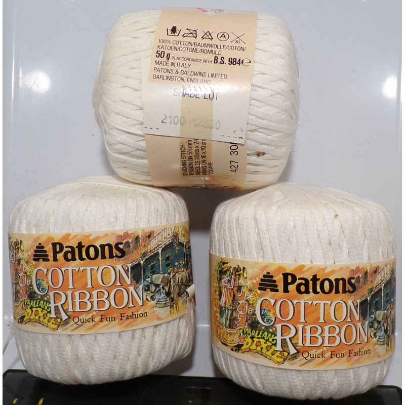 Patons 'Cotton Ribbon' White; Cotton; Lot of 3 Balls 2100/12830