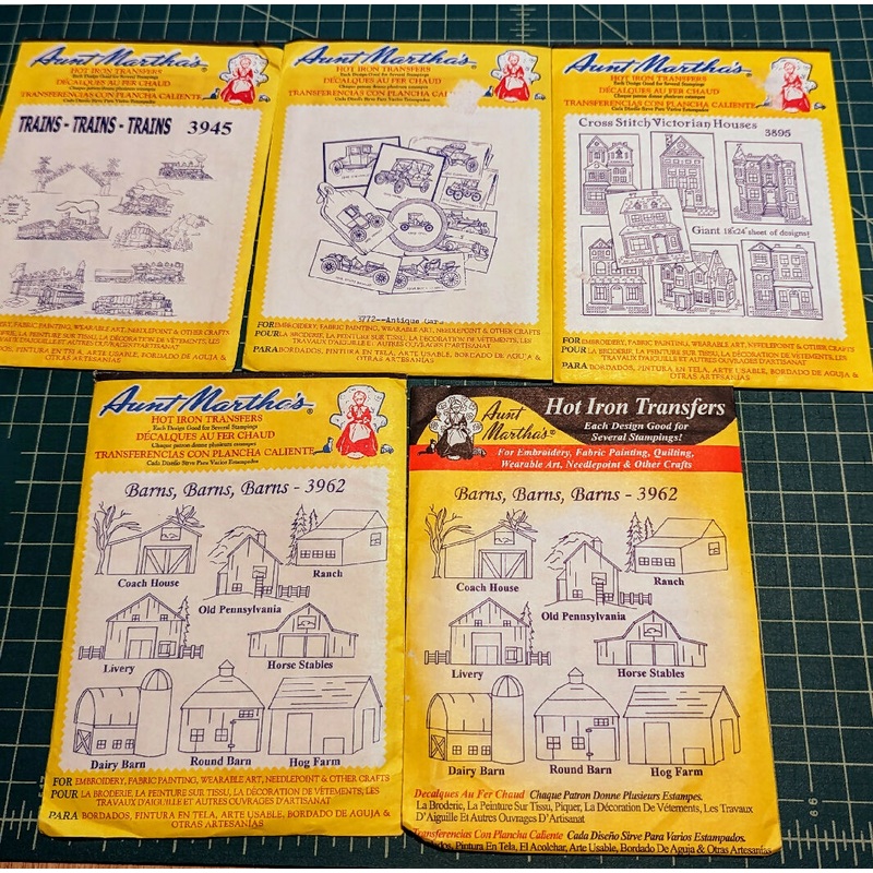 Aunt Martha's Hot Iron Transfers Lot of 5 - Trains, Antique Cars, Barns & Victorian Houses