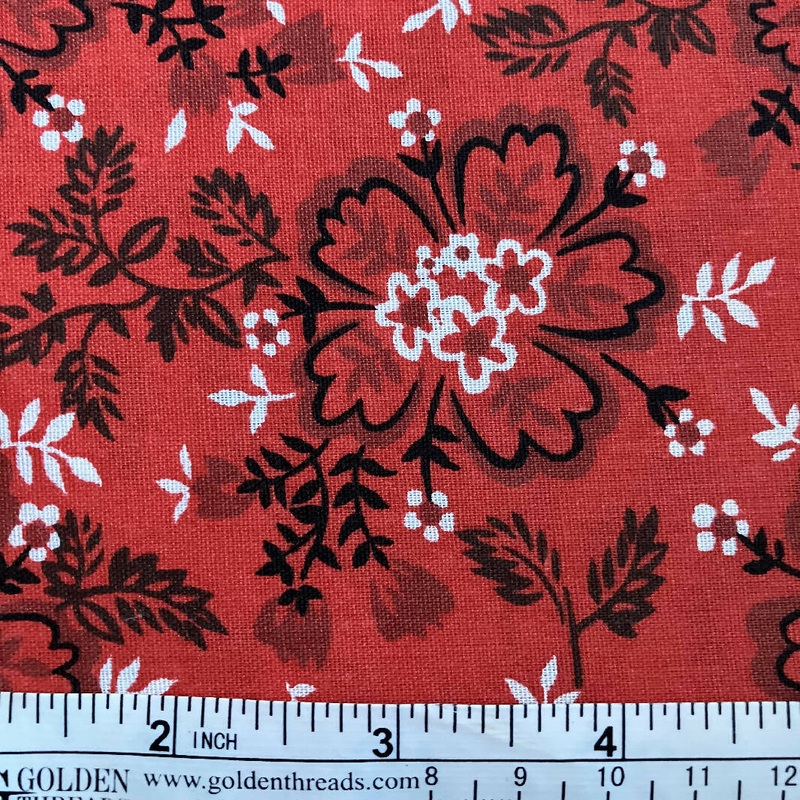FABRIC Floral Black Flower Outline on Red Background 2 yards