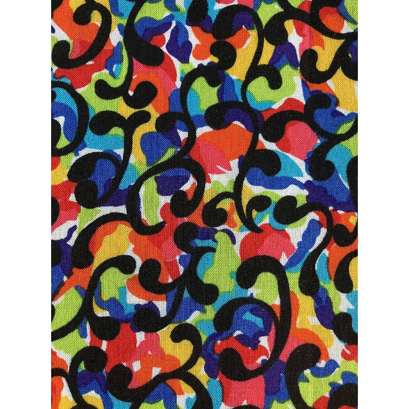 FABRIC Primary Bright Colors with Black Swirls 1 7/8 yards Plus Remnants 64a