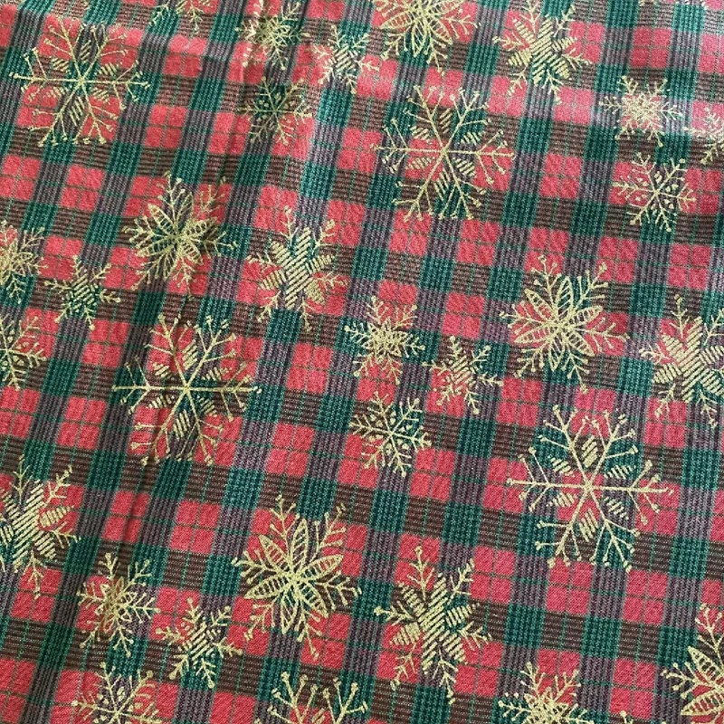 Two Pieces Red Green Plaid Christmas Fabric Gold Snowflakes 14 x 72" & 33 x 44"