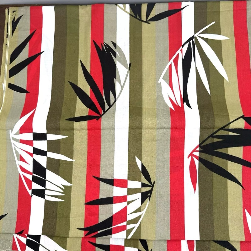 Vintage Wamsutta Mills Fabric Green Red Black White Stripe Palm Leaf 5 yards