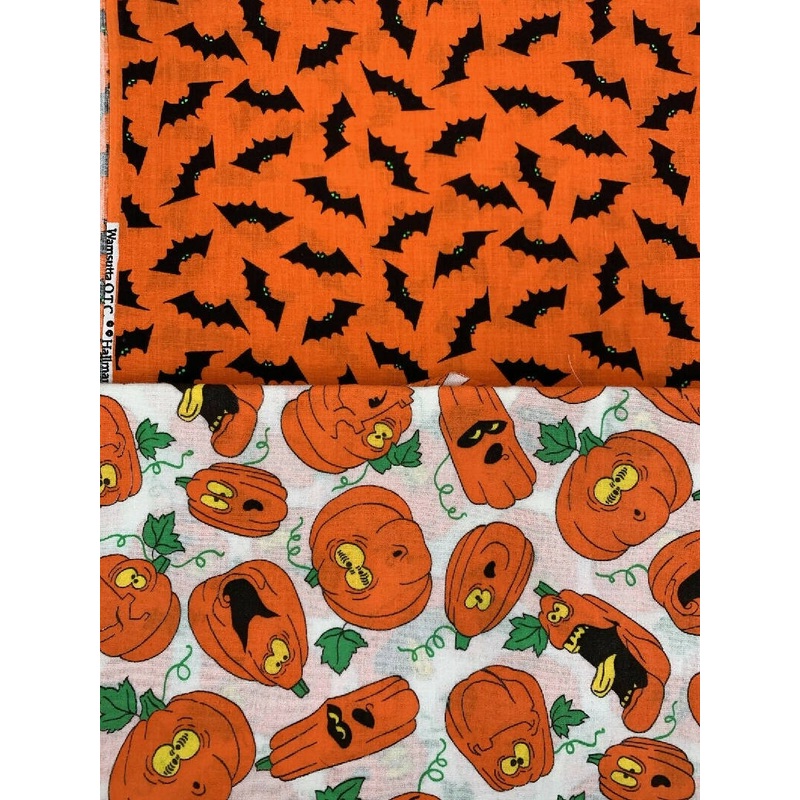 1980s Vintage Halloween Fabric 2 pc Lot Hallmark Bats Jack-O-Lanterns 2 yards
