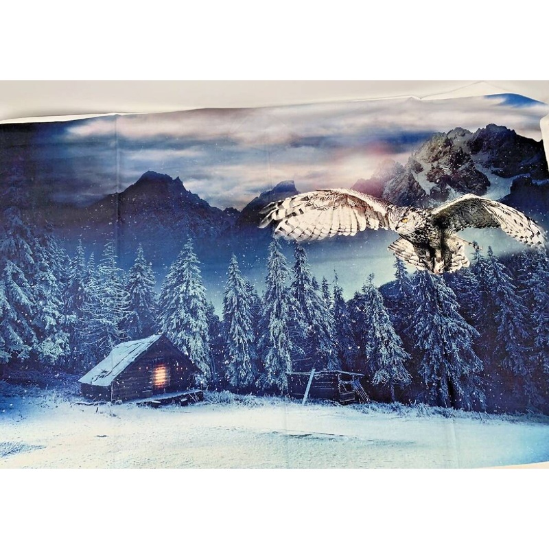 Hoffman Digital Call of the Wild Mountain Owl Cabin Scene Fabric Panel 27"x42"