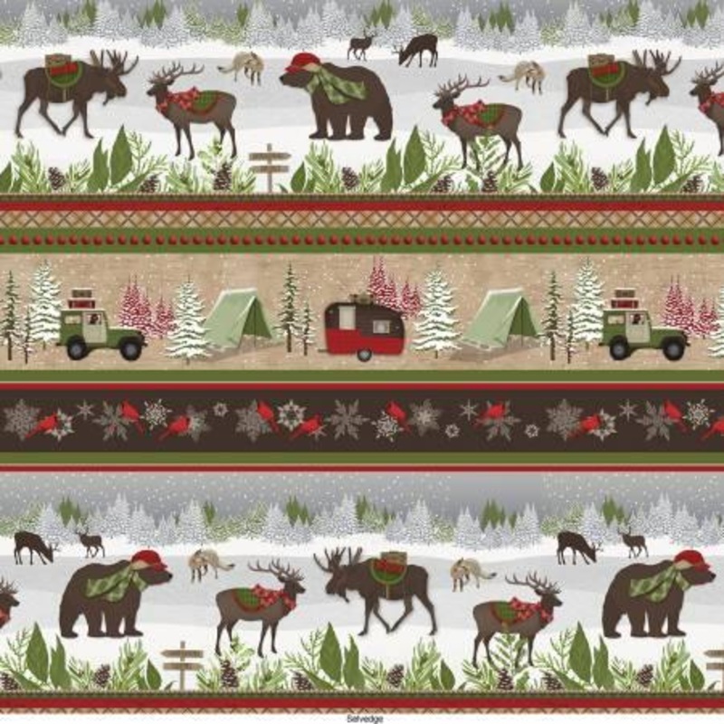 Woodland Haven Brown Novelty Stripe Winter Scene Flannel
