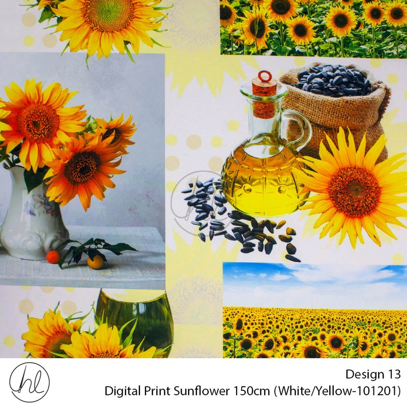 Digital Print SunFlower Fabric Design 13 150cm Per m White/Yellow