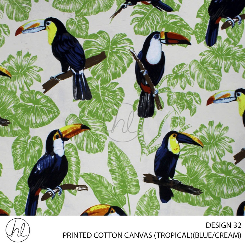 PRINTED COTTON CANVAS DESIGN 32 150CM PER M TROPICAL NAVY/CREAM