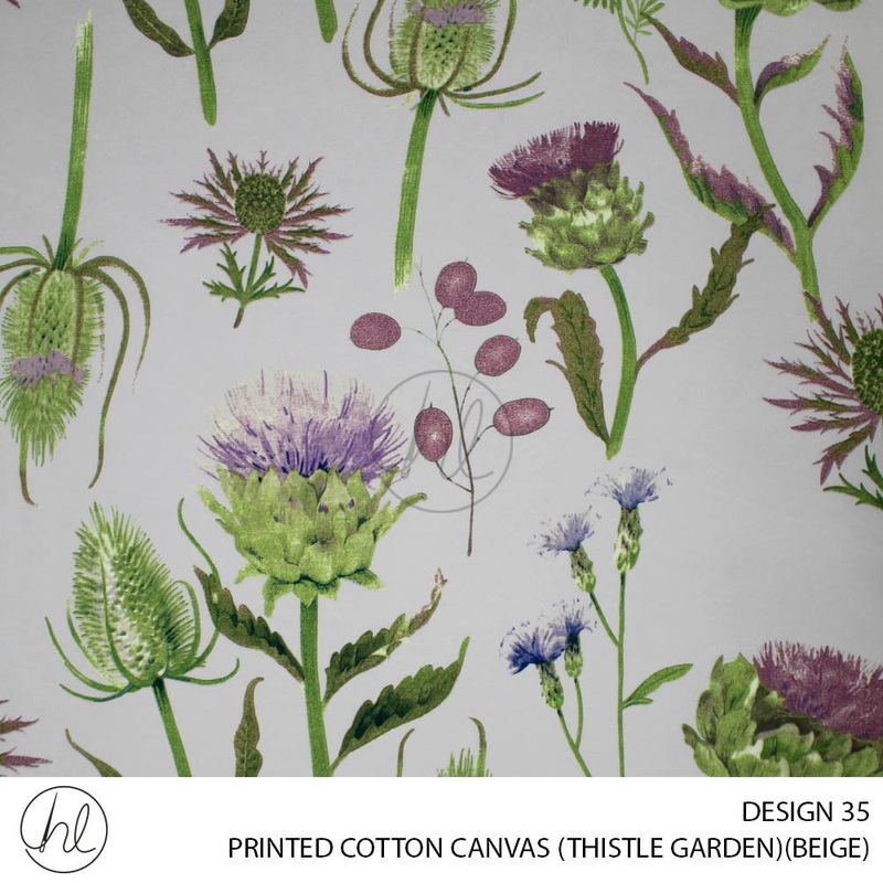 PRINTED COTTON CANVAS DESIGN 35 150CM PER M THISTLE GARDEN BEIGE/GREEN