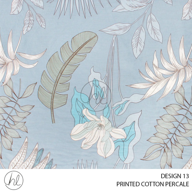 PRINTED COTTON PERCALE LEAVES DESIGN 13 LIGHT BLUE 240CM PER M