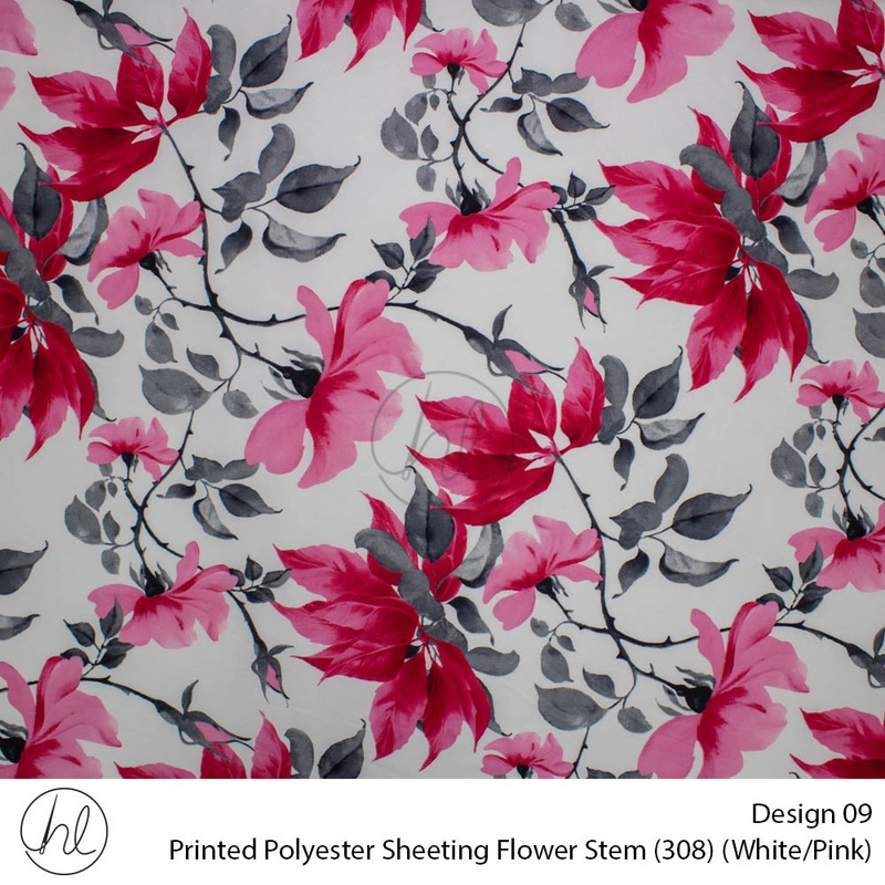 Printed Polyester Sheeting 240cm Flower Stem White/Pink Per m