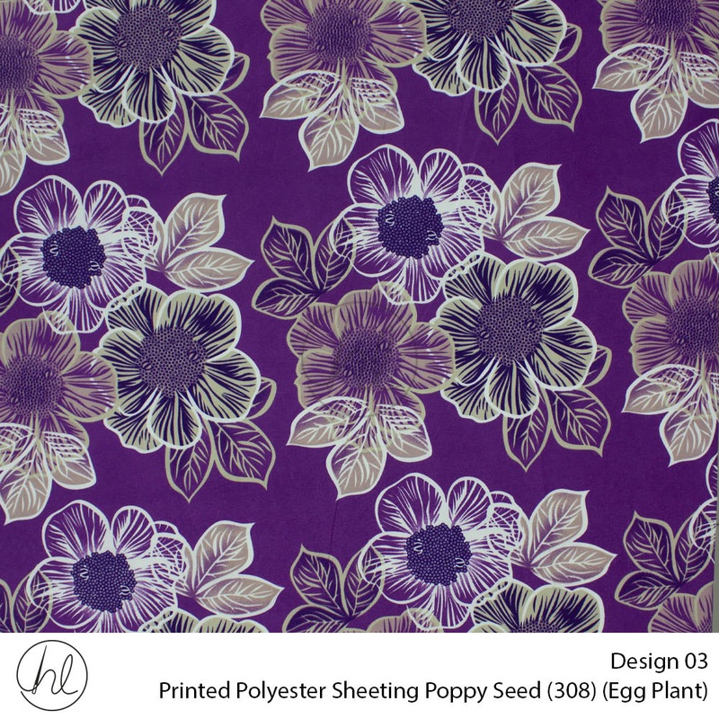 Printed Polyester Sheeting 240cm Poppy Seed Egg Plant Per m