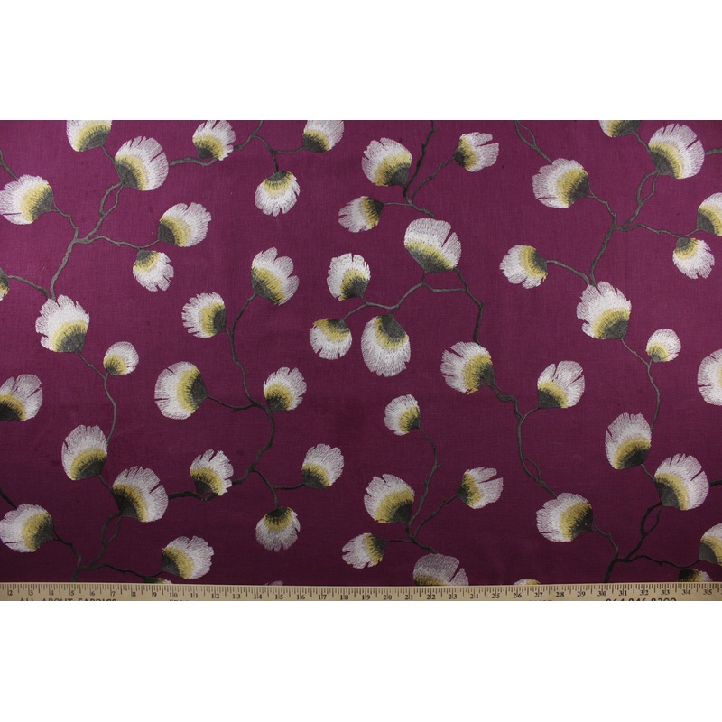 4 Yards ~ Feathery Leaves Embroidered Fabric in Plum