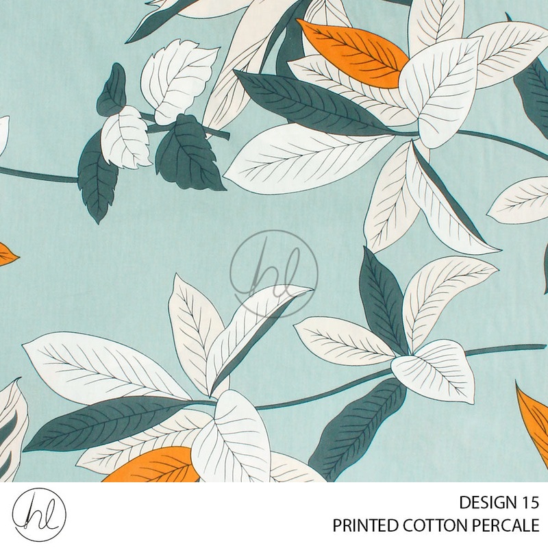 PRINTED COTTON PERCALE LEAVES DESIGN 15 DUCK EGG  240CM PER M