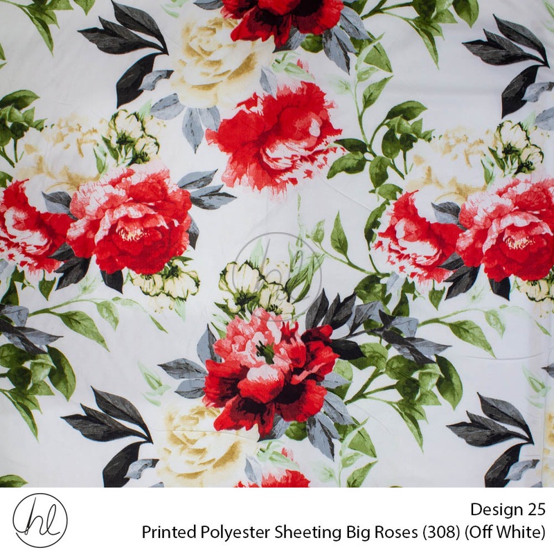 Printed Polyester Sheeting 240cm Big Roses Off White Per m