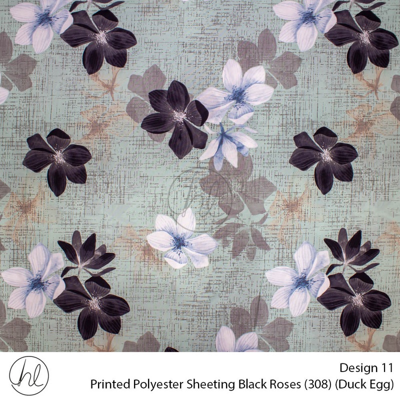 Printed Polyester Sheeting 240cm Black Roses Duck Egg Per m