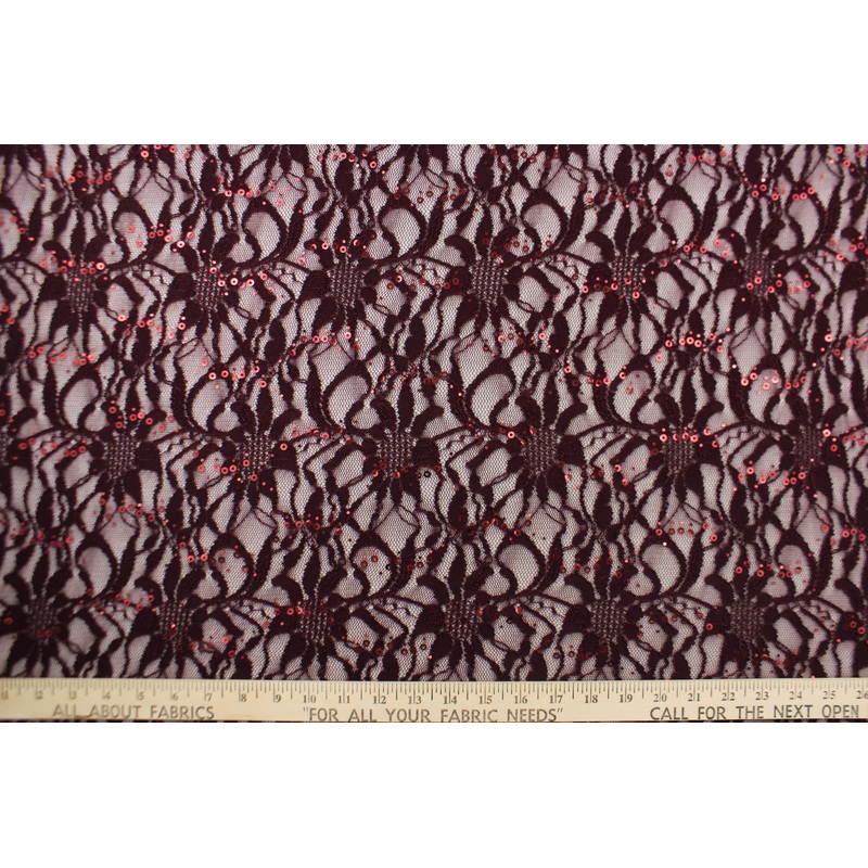 Stretch Lace Fabric in Maroon Sequin