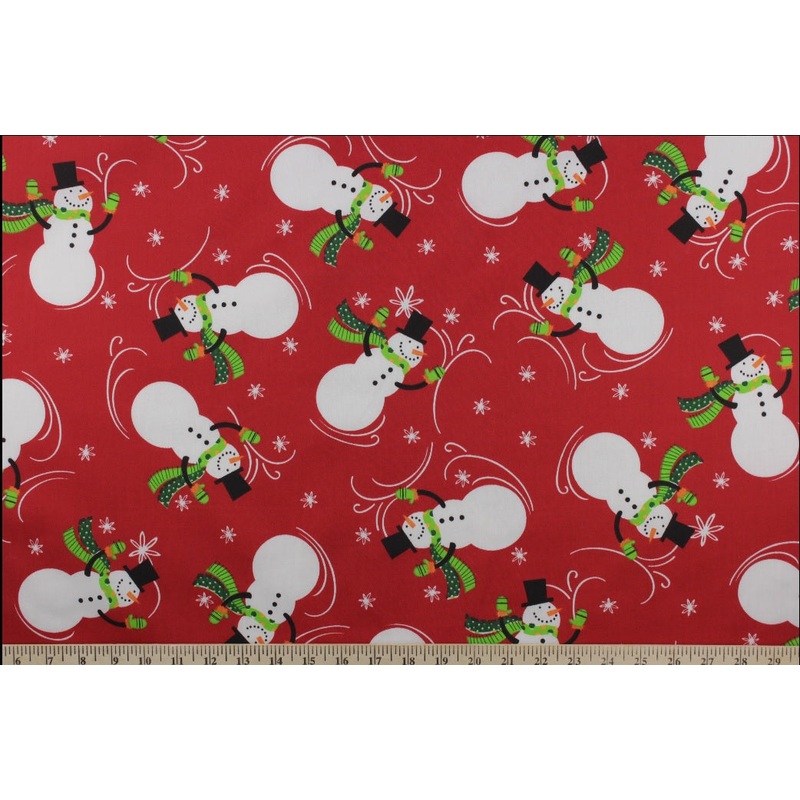 Jolly Christmas Snowmen Fabric on Red