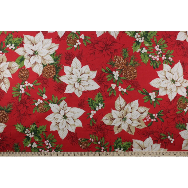 Poinsettias & Pines Christmas Fabric in Red