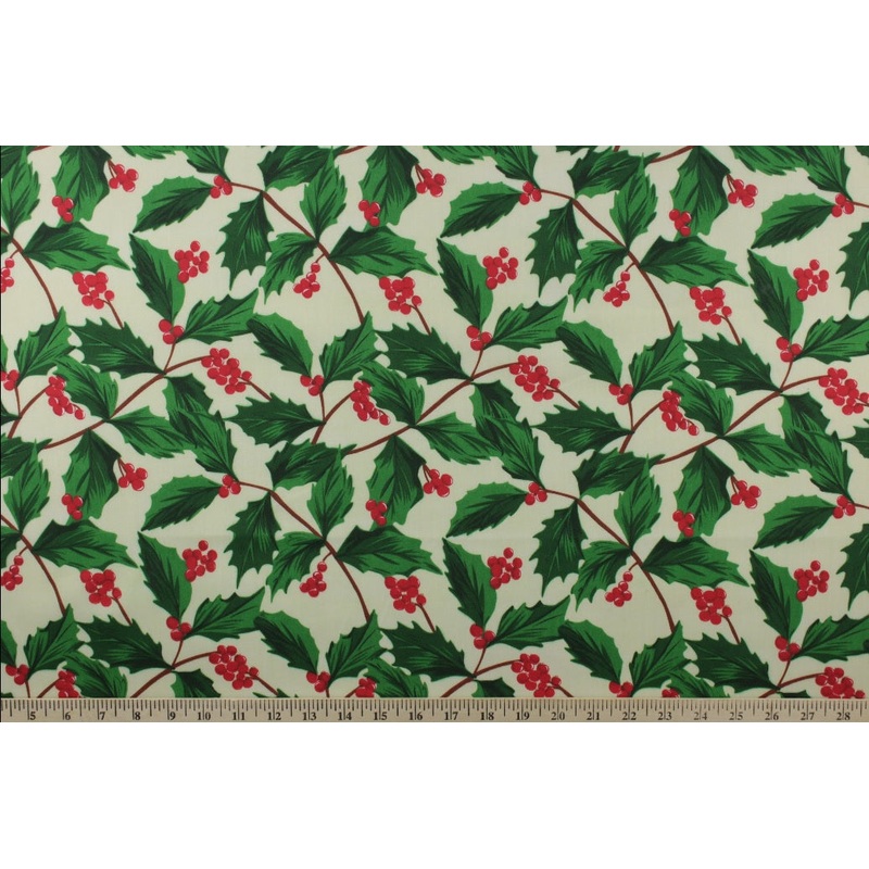 Christmas Holly Fabric on Ivory