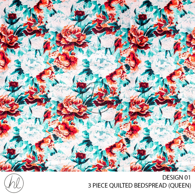 3 PIECE QUILTED BEDSPREAD DESIGN 01 WHITE/TEAL/RED 220X220CM