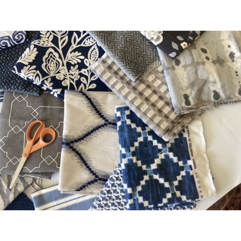 Craft box. Gray's/Blues - Drapery/Upholstery fabric Remnants, scrapes - 8 Pounds total weight