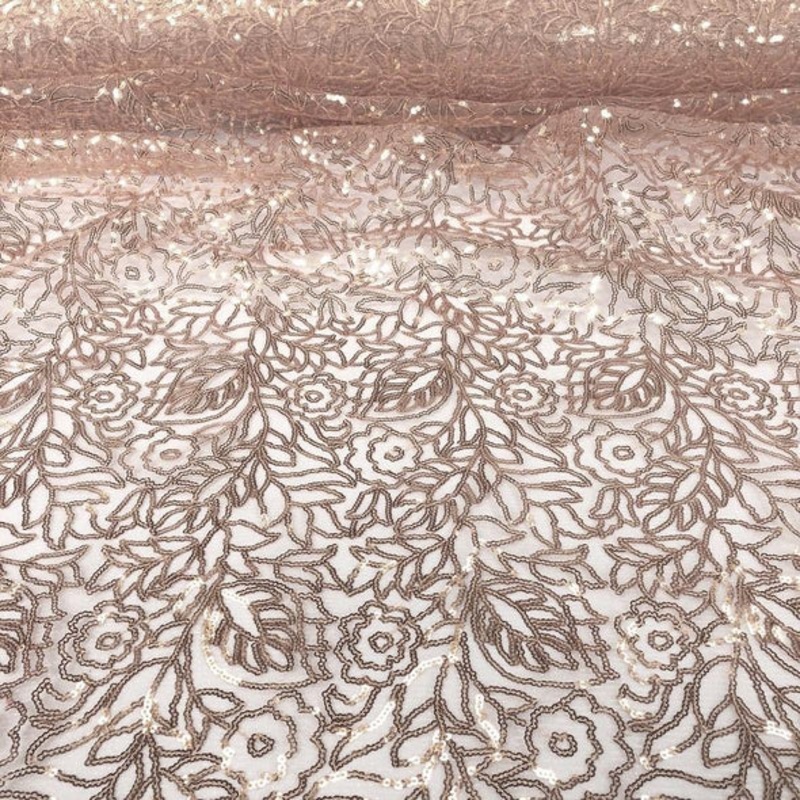 Fiori Leaf Sequins Wholesale Fabric in Champagne