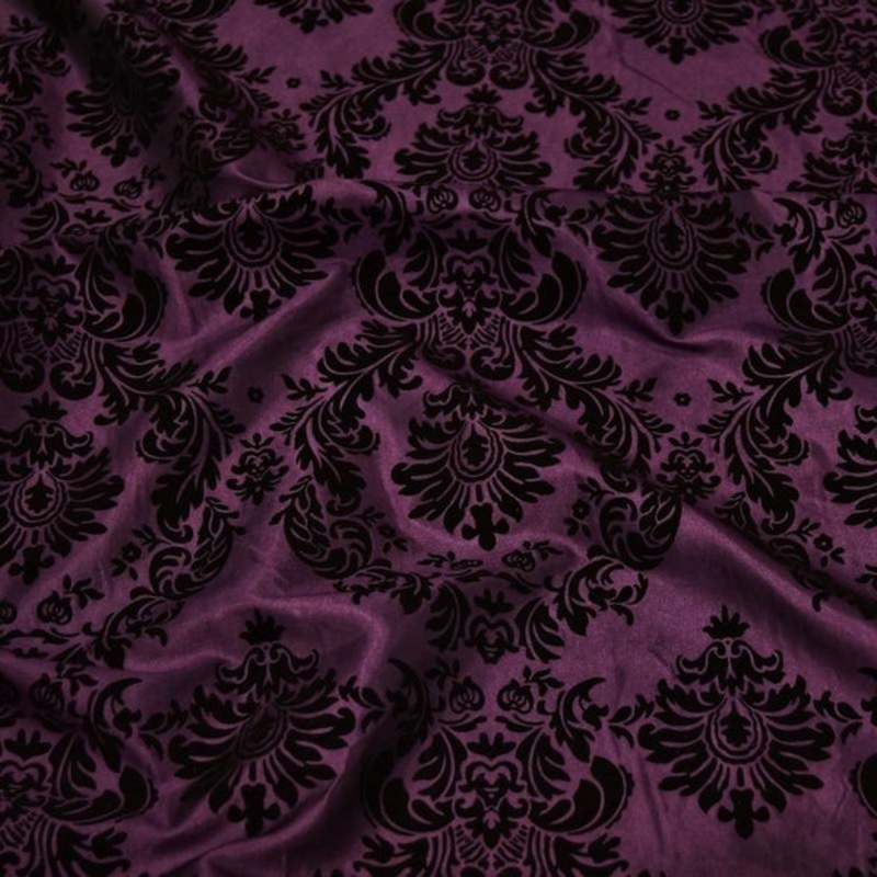 Damask Flocking Taffeta Wholesale Fabric in Black on Plum