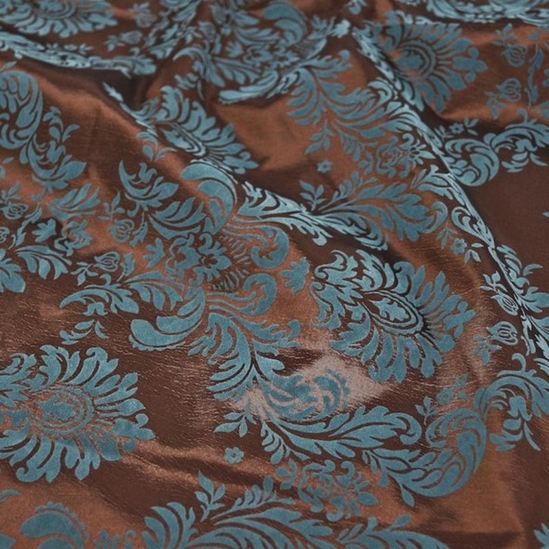 Damask Flocking Taffeta Wholesale Fabric in Turquoise on Brown
