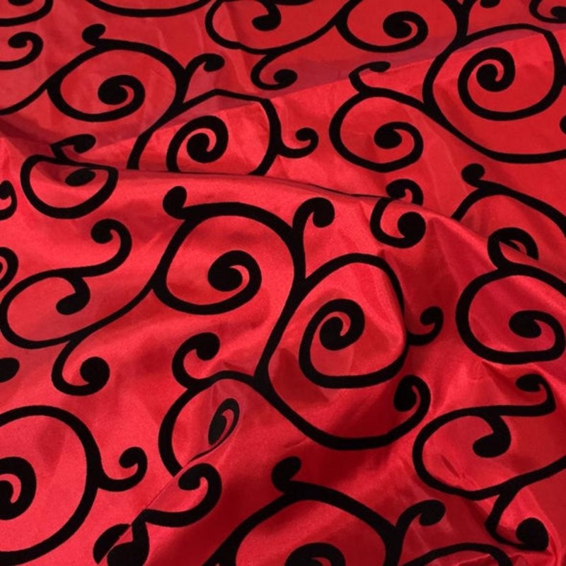 Swirl Flocking Taffeta Wholesale Fabric in  Black on Red