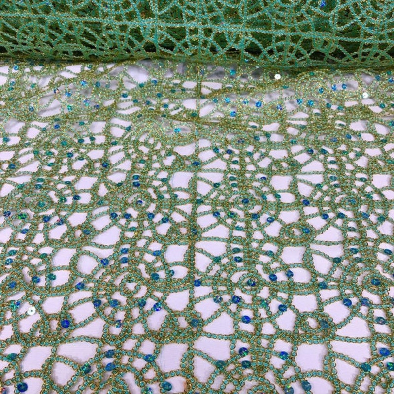 Flower Chain Lace Wholesale Fabric in Teal Green and Gold