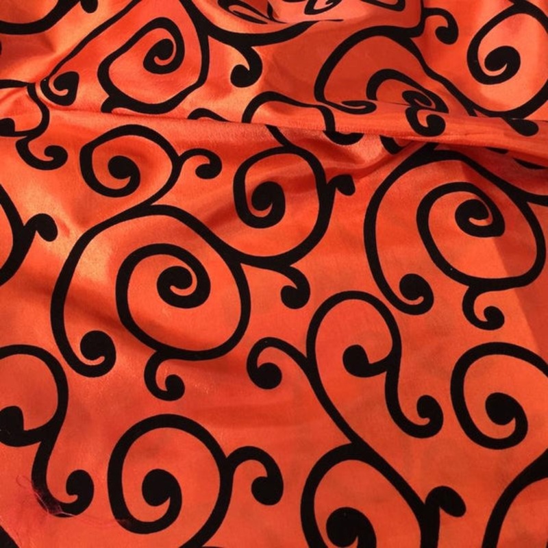 Swirl Flocking Taffeta Wholesale Fabric in  Black on Orange