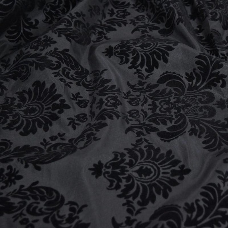 Damask Flocking Taffeta Wholesale Fabric in Black on Black