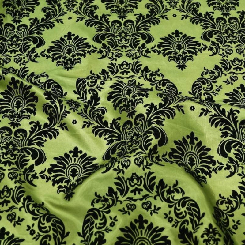 Damask Flocking Taffeta Wholesale Fabric in Black on Olive