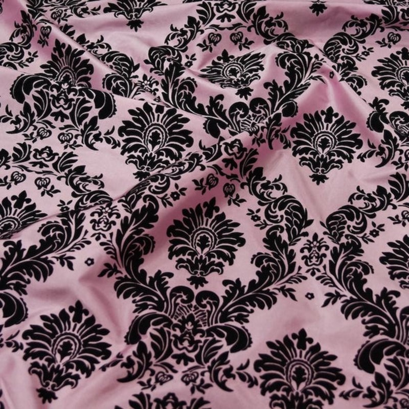 Damask Flocking Taffeta Wholesale Fabric in Black on Pink
