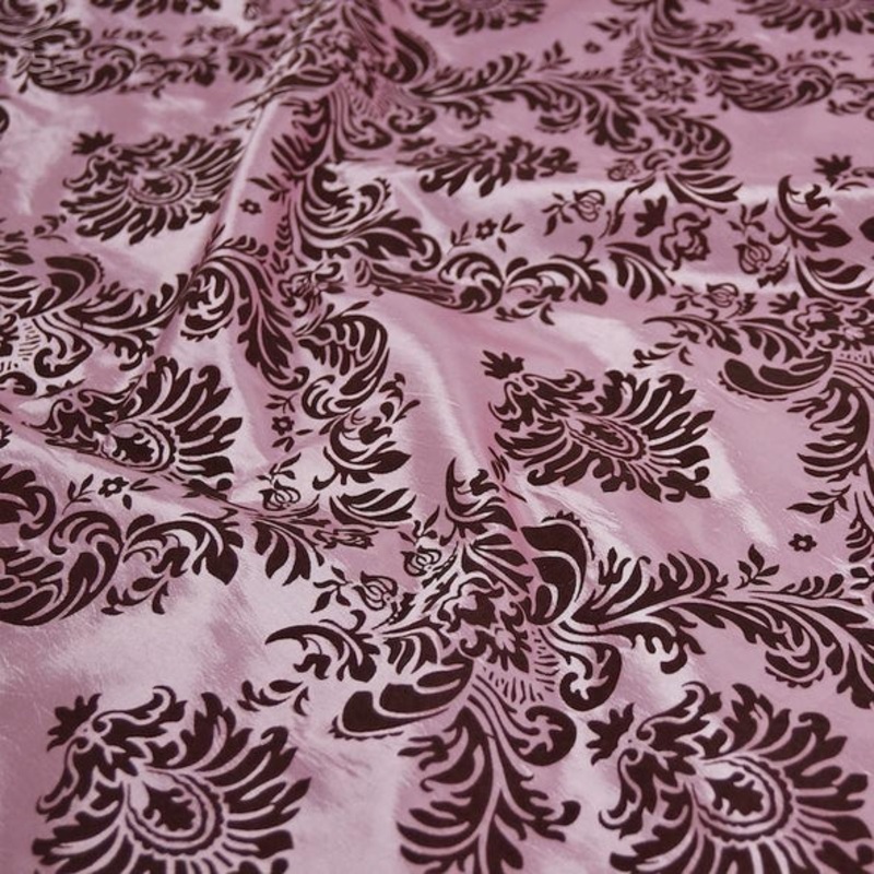 Damask Flocking Taffeta Wholesale Fabric in Brown on Pink