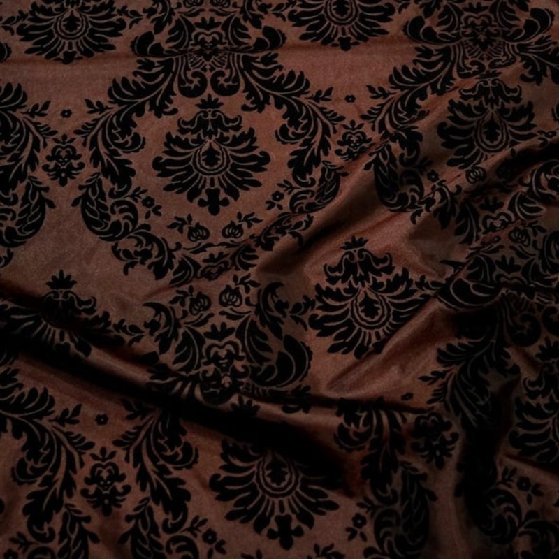 Damask Flocking Taffeta Wholesale Fabric in Black on Brown