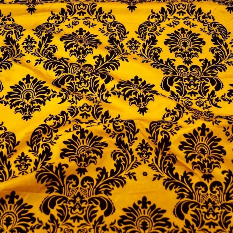 Damask Flocking Taffeta Wholesale Fabric in Black on Yellow