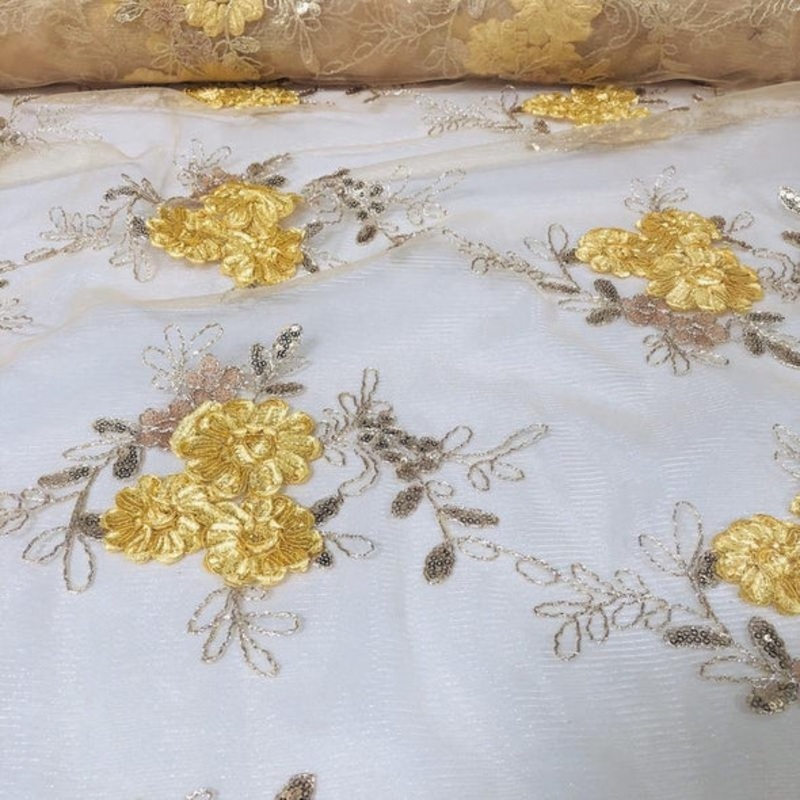Ribbon Mesh Lace Wholesale Fabric in Gold