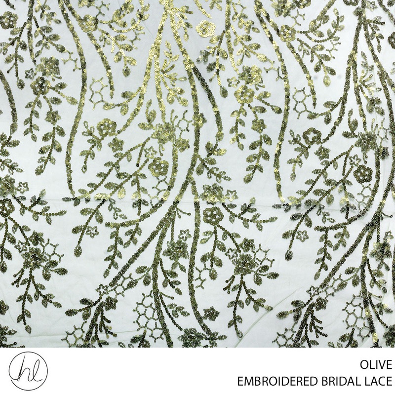 BRIDAL LACE EMB BEADED FABRIC 140CM OLIVE ROLL ROLL 001