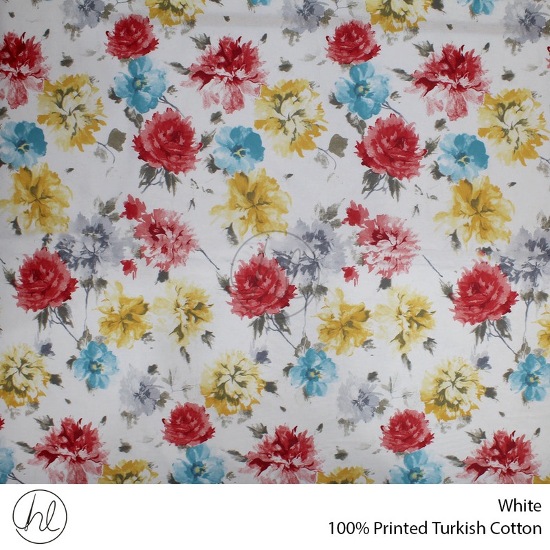 100% COTTON PRT MED ROSES  WHITE ROLL ROLL 001