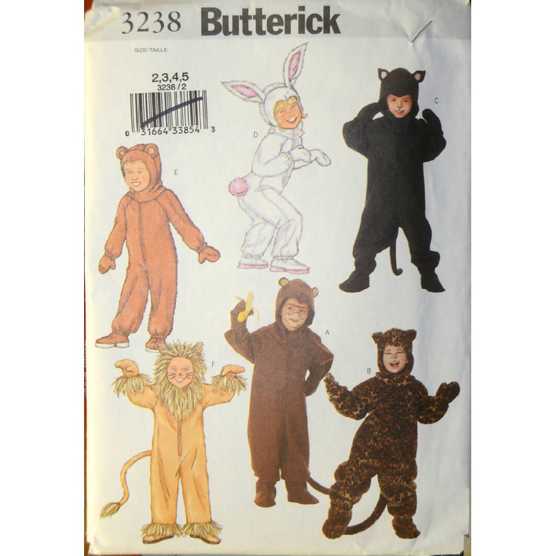 Butterick Pattern 3238 Kids costume Halloween Lion Bear Rabbit Monkey Sz 2,3,4,5
