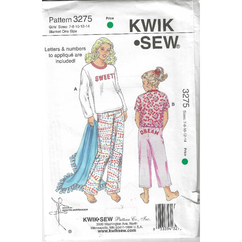 Girls' Sleep Pants, Shirt & Blanket pattern by Kwiksew #3275, Size 7-14, uncut