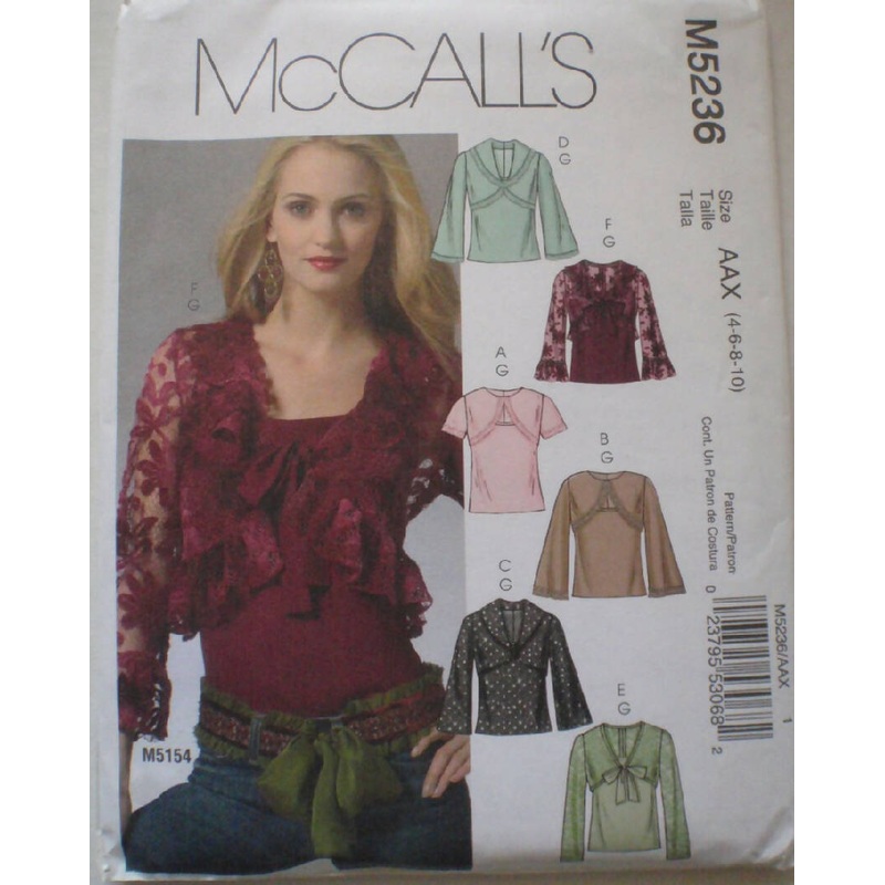 McCall's 5236 - Lined and Unlined Shrugs and Top - Size 4-6-8-10, Bust 29 1/2 - 32 1/2 - Uncut