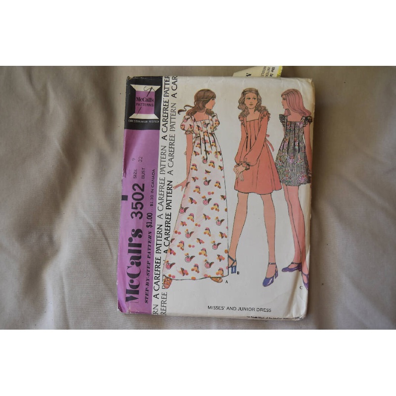 Vintage 1973 McCall's 3502 Sewing Pattern - Misses and Junior Dress - Size 9 Junior, 32 Bust - A Carefree Pattern