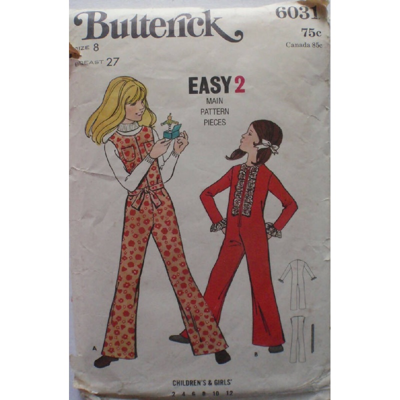 Vintage Butterick 6031 Easy Sewing Pattern - Girl's Jumpsuit, Size 8, Bust 27, Cut, Complete