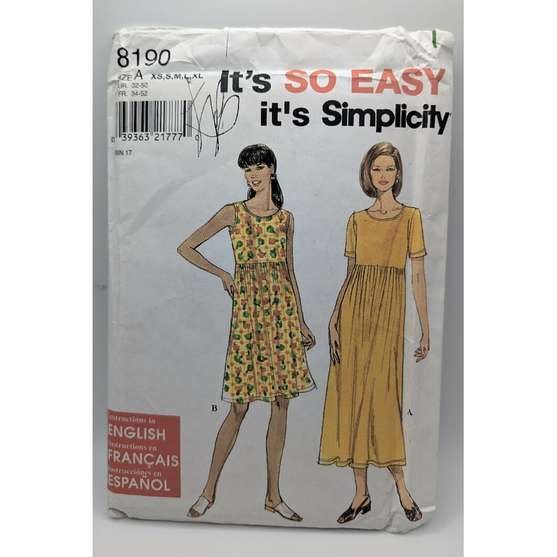 VTG Simplicity 8190 It's So Easy Misses' Dress Pattern Sizes XS-XL