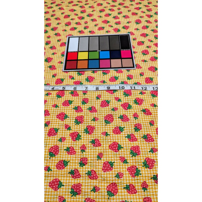 Mustard Yellow/White Gingham Strawberry Print Seersucker Woven Fabric 45"W - 2 yds