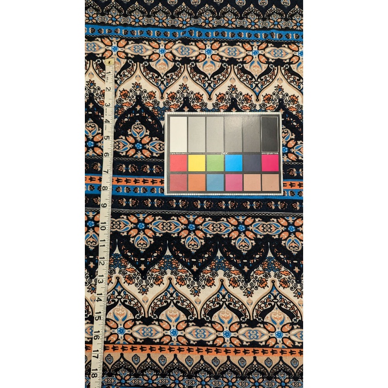 Navy Blue/Peach/Cream Damask Print Jersey Knit Fabric REMNANT 60"W - 1 1/2 yds