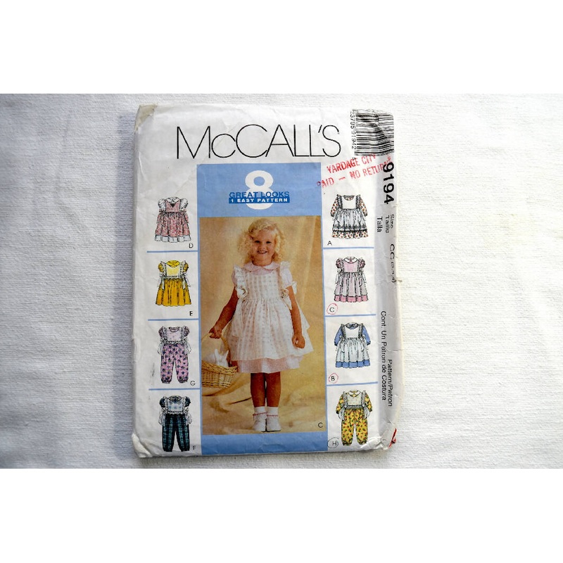 Vintage 1990s McCalls 9194 Toddlers Dress, Sundress, Jumpsuit, Pinafore, Pinny Sewing Pattern UNCUT - Size CC 2, 3, 4 (PTRN-J)