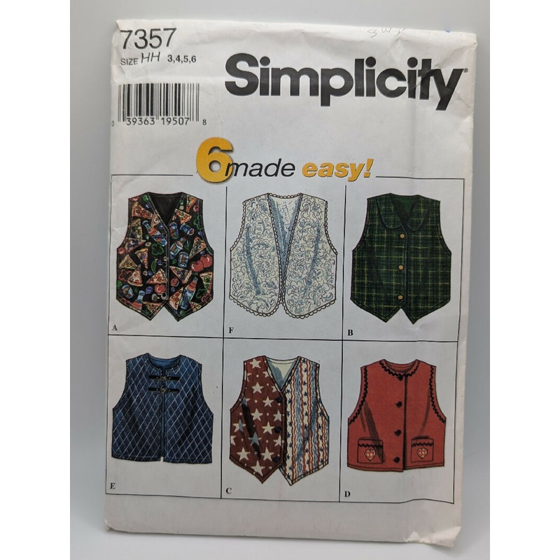 VTG Simplicity 7357 6 Made Easy Child's Vests Pattern Sizes 3-6